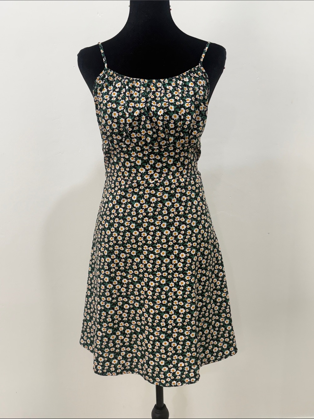 Floral Spaghetti-Strap Dress in Dark Green